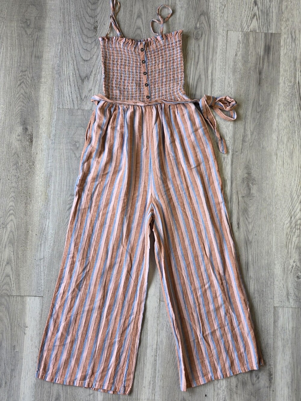 Billabong Womens M Striped Smocked Wide Leg Jumpsuit Pink Blue Boho Belted